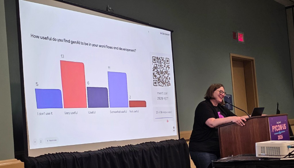 Jackie Kazil co-hosts the Generative AI Birds of a Feather session at the PyCon US Maintainer Summit, with a live Mentimeter poll on screen asking maintainers how useful they find GenAI in their workflows.