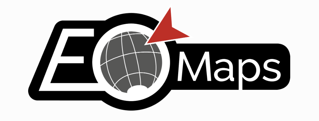 The EOmaps logo, which spells out EOmaps in white letters on a black background. In place of the letter 'O' is a grey globe with white meridian lines, and a red arrow pointing to the globe.