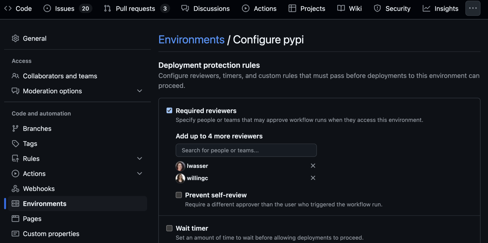 Screenshot of the GitHub settings interface showing the 'Environments' section with configuration options for 'pypi.' The 'Deployment protection rules' section is visible, with 'Required reviewers' enabled and two reviewers listed: 'lwasser' and 'willingc.' Other options such as 'Prevent self-review' and 'Wait timer' are present but not enabled.