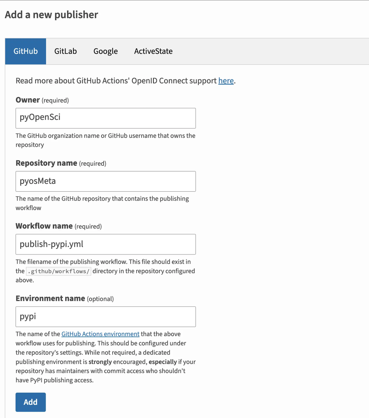 PyPI Trusted Publisher form example showing settings for linking a GitHub repository with PyPI for secure publishing.' loading='lazy